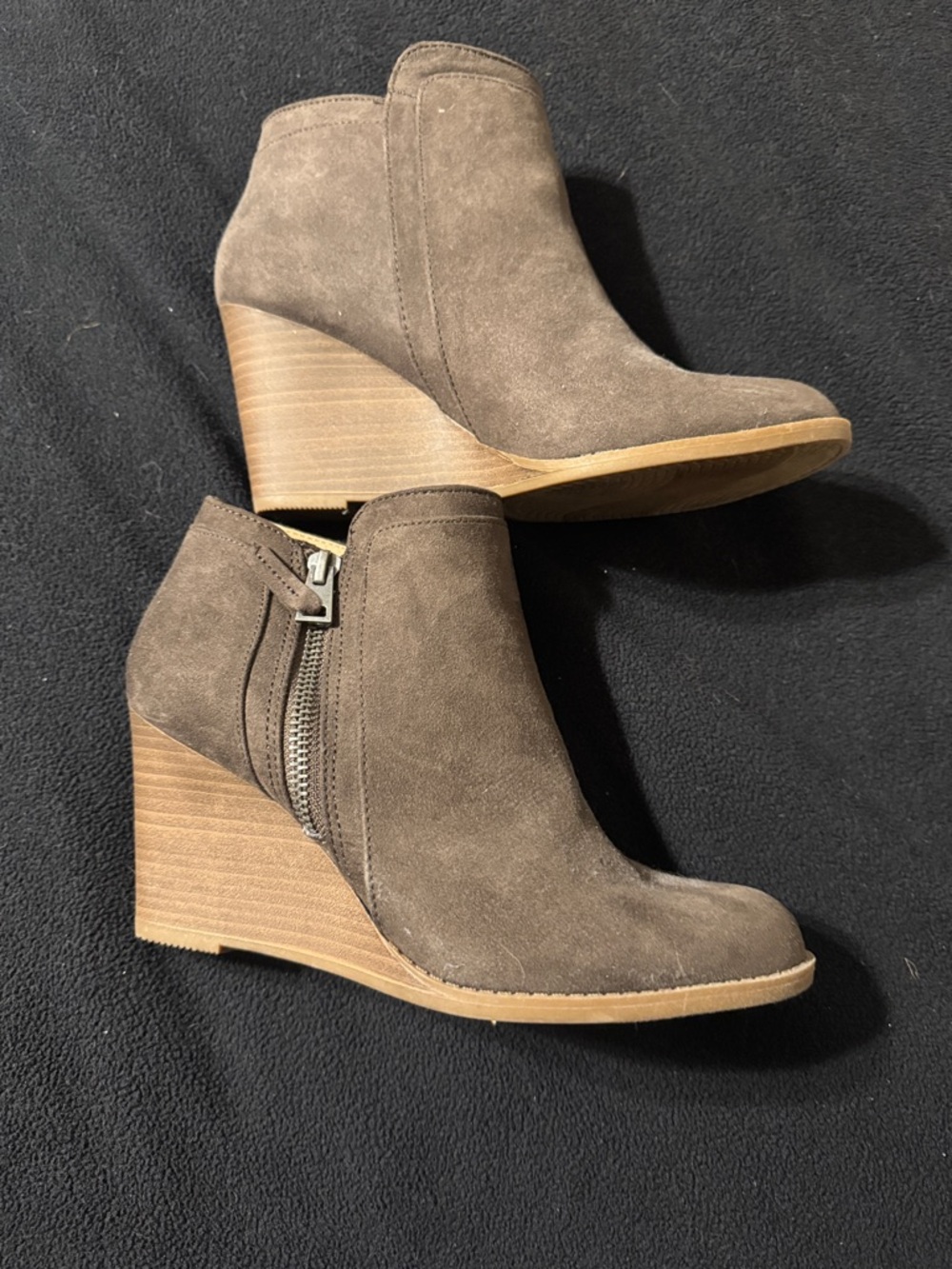 Suede Wedge Ankle Booties in Taupe